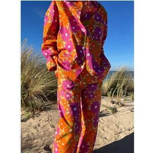 BALOU Sz S Small Orange Purple Floral Button Front Organic Shirt Top